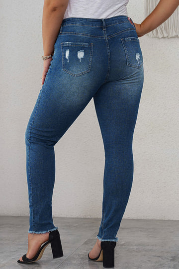 Plus Size High Rise Buttons Distressed Ankle Skinny Jeans